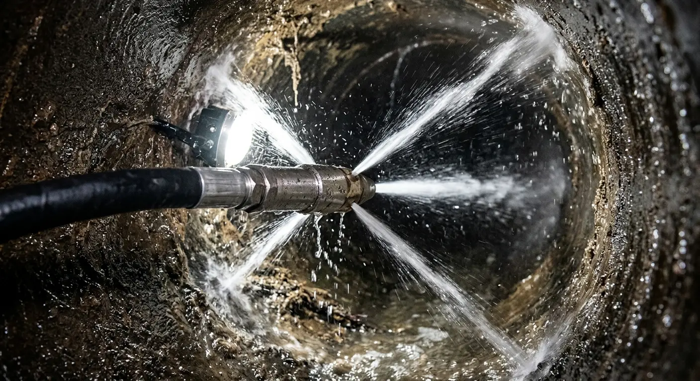 High-pressure hydro jetting nozzle cleaning sewer pipe for Sewer Line Relining in Pleasure Point