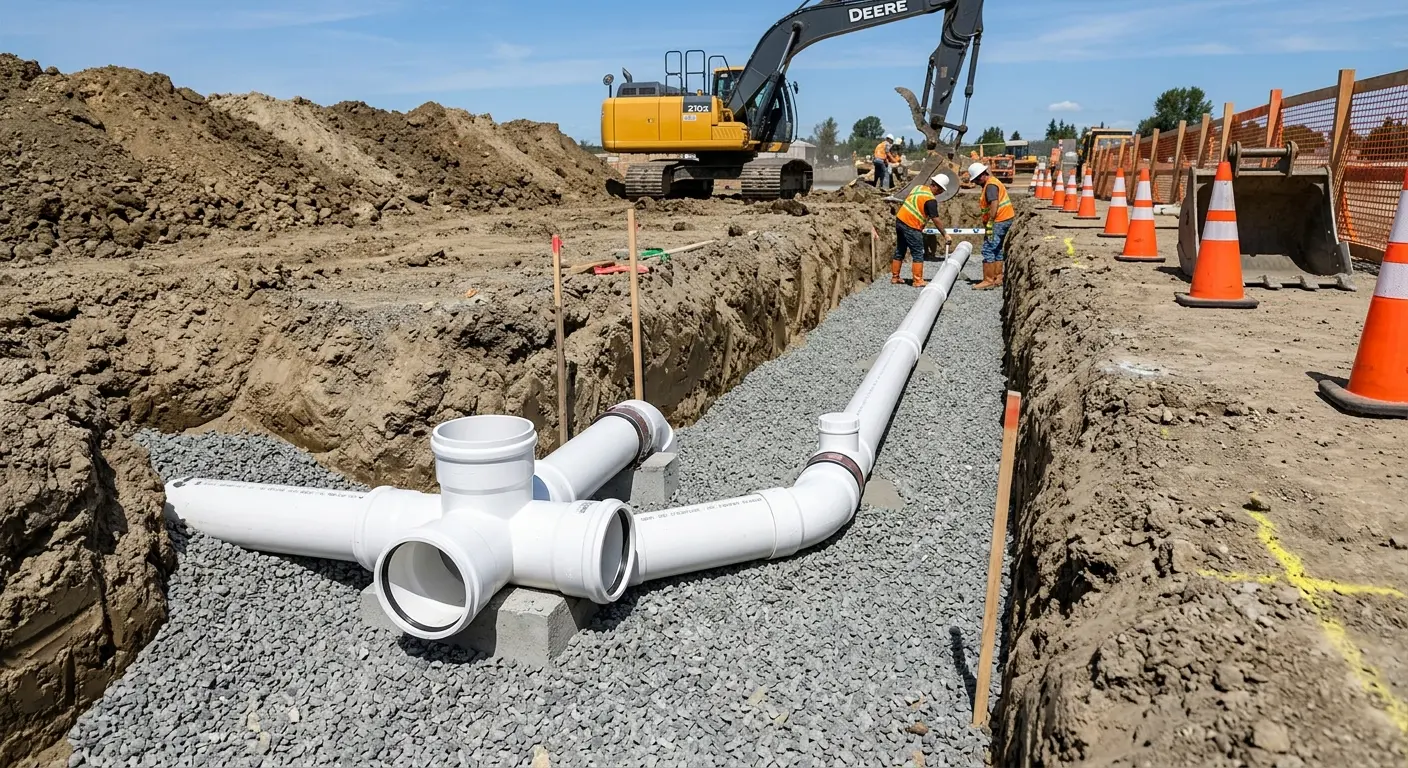 New PVC sewer pipe installation in open trench for Grease Trap Cleaning in Pleasure Point