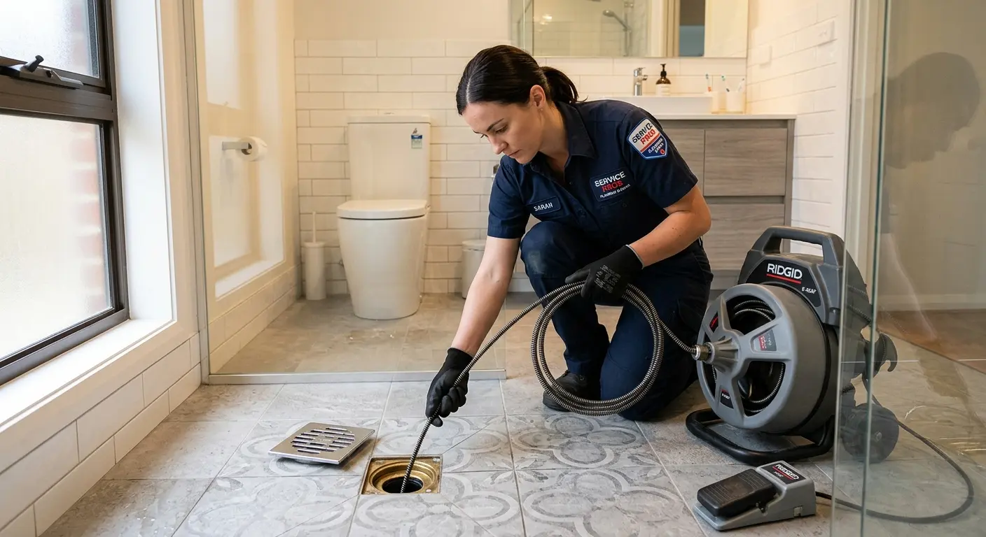 Technician clearing a bathroom floor drain for Hydro Jetting in Pleasure Point